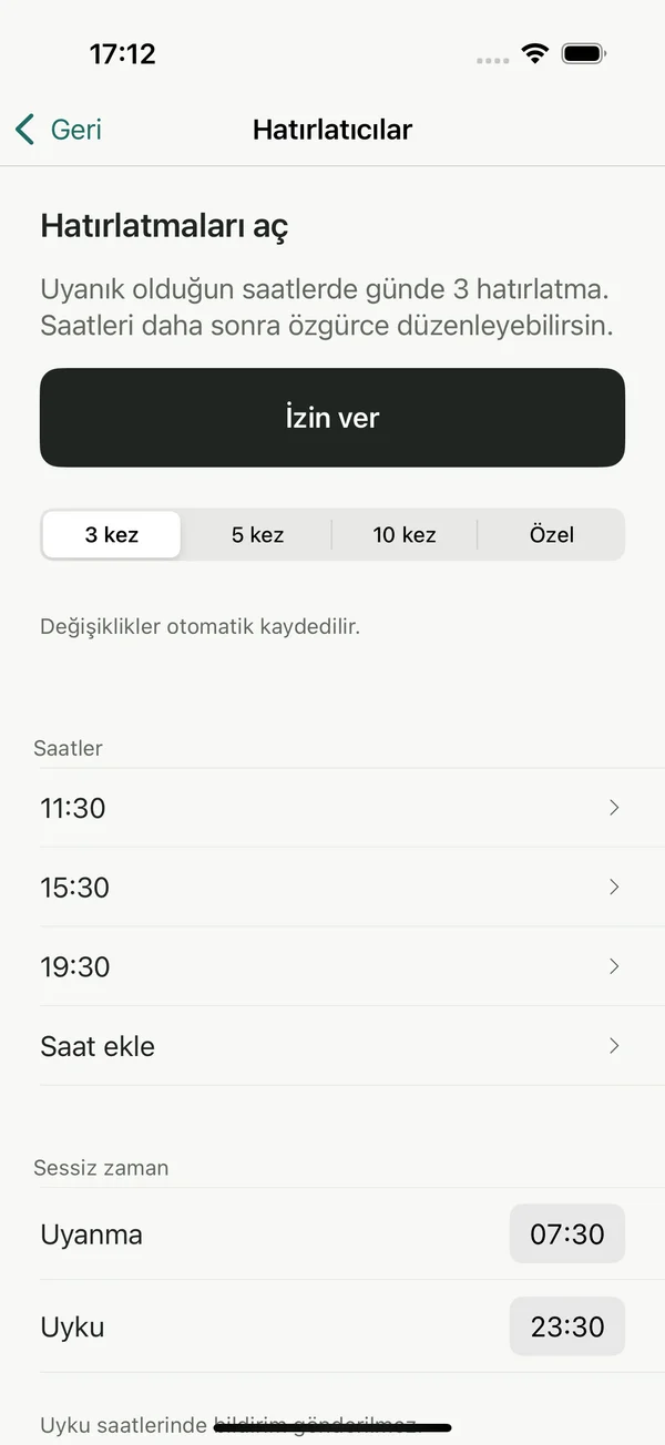 Hatırlatıcı ayarlarında uyanma, uyuma saatleri ve hatırlatma aralığı