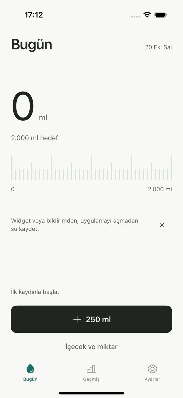 Bugün ekranında su miktarı ve hızlı su ekleme